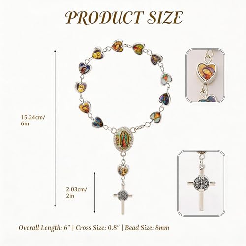 Virgen De Guadalupe Steering Wheel Rosary Charm Accessory, Virgin Mary Cross Pendant, Steering Wheel Chain, Rearview Mirror Hanging Ornament, Car Rosary for Automotive Protection Charm Decor (Heart) - color: Heart