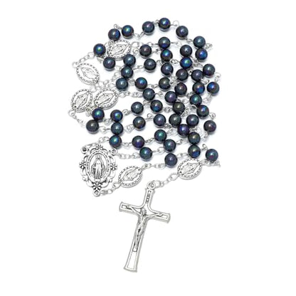 KOMI 6mm Glass Pearl Rosary Beads Catholic for Women with Metal Rosary Box Religious Gifts - style: Virgn Mary-black