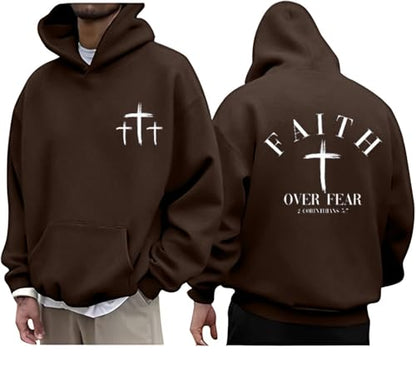 Men Faith Over Fear Christian Cross Graphic Pullover Hoodie - color: Brown, size: Small