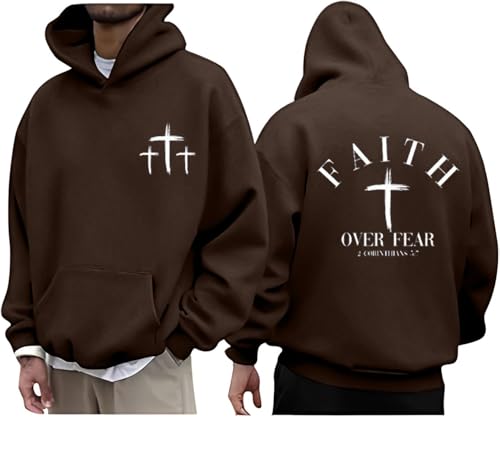 Men Faith Over Fear Christian Cross Graphic Pullover Hoodie - color: Brown, size: Small