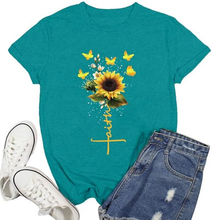 Womens Christian Shirts Faith Cross Sunflower Butterfly T-Shirt Bible Verse Religious Tee Tops - color: Cyan, size: Large