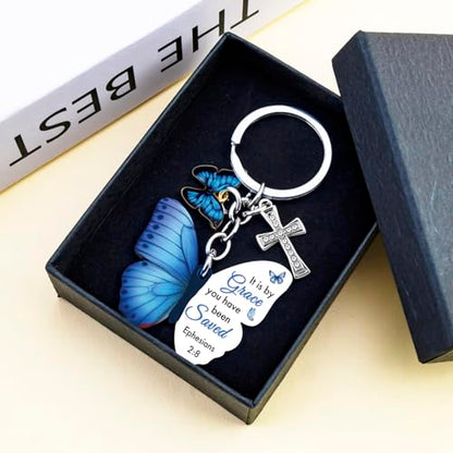 Butterfly Christian Keychain Women Cross Bible Verse Keychain Butterfly Purse Charm Inspirational Religious Gifts - color: Blue