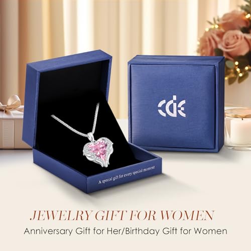 CDE Angel Wings Heart Birthstone Pendant Necklace Gift for Women - color: White-10-Opal Pink Birthstone