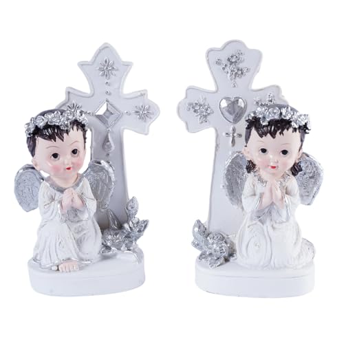 Angel Figurines Set of 2 Praying Cherub Angel Statues with Cross Backdrop White and Silver Resin Tabletop Shelf Decor for Baptism Memorial Wedding Christian Home