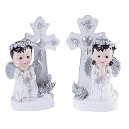 Angel Figurines Set of 2 Praying Cherub Angel Statues with Cross Backdrop White and Silver Resin Tabletop Shelf Decor for Baptism Memorial Wedding Christian Home