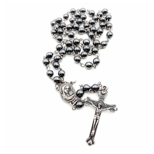 Nazareth Store Hematite Rosary Beads Black Stone Catholic Rosary Necklace with Jerusalem Holy Soil & Cross Antique Religious Rosaries Beads Collection - color: Black