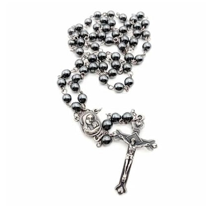 Nazareth Store Hematite Rosary Beads Black Stone Catholic Rosary Necklace with Jerusalem Holy Soil & Cross Antique Religious Rosaries Beads Collection - color: Black