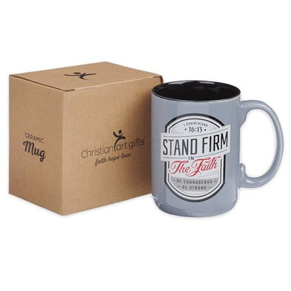 Christian Art Gifts Large Ceramic Inspirational Scripture Coffee & Tea Mug for Men & Women: Stand Firm Encouraging Bible Verse, Microwave & Dishwasher Safe Non-toxic Hot/Cold Cup, Gray & Black, 14 oz. - color: Gray/Stand Firm