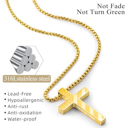 Romass Cross Necklace for Men Boys - 316L Stainless Steel Bible Verse Religious Pendant, Christian Jewelry Gifts for Son Husband, Graduation Gifts, Adjustable 22+2 inch Chain - color: Black+Gold, style: 2Pcs 4:13