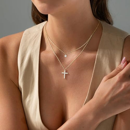 Cross Necklace For Women,14K Gold Plated Small Dainty Colorful Beaded Cubic Zirconia Diamond Double Layered Cross Pendant Choker Necklaces For Women,Christian Easter Religious Jewelry Gifts - style: Layered Diamond Cross-Gold