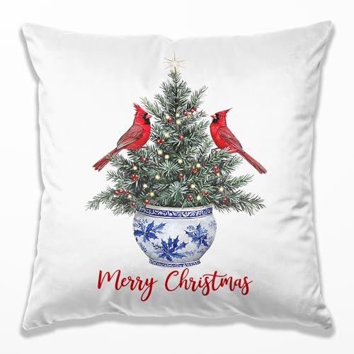 Blue Chinoiserie Christmas Tree Cardinal Pillow Covers 18x18, Grandmillennial Christmas Decor, Xmas Tree Red Cardinal Bird Throw Pillow Covers for Home Living Room Bedroom Sofa Couch - color: 11 Color