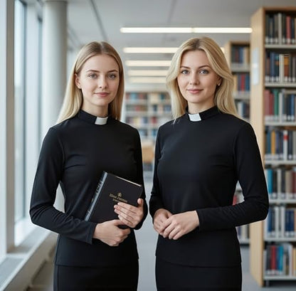 Women's Clergy Long Sleeves Short Tab Collar Clergy Priest Costume T-Short Priest Blouse Top - size: Large