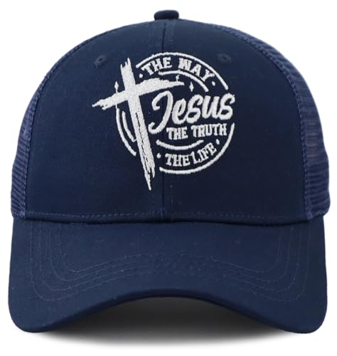 The Way The Truth The Life Trucker Hat for Men Women, Adjustable Embroidered Jesus Christian Baseball Cap - color: Navy