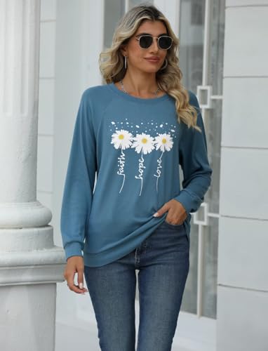 EADINVE Women Daisy Print Sweatshirts Crewneck Long Sleeve Pullover Tops - color: Dust Blue, size: Small