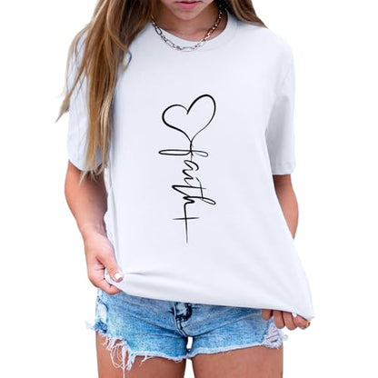 KIEKIECOO Faith Christian Shirts for Women Religious Crewneck Tshirts Cotton Graphic Tees Bible Verse Casual Summer Tops - color: White, size: Small