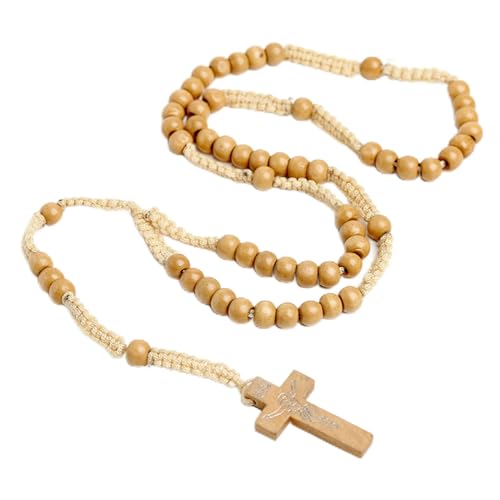 Natural Wood Beaded Cross Rosary Necklace Boho Handmade 8MM Wooden Beads with Jesus Cross Lightweight Rope Necklace for Men Women Religious Christian Prayer Fashion Jewelry Gifts - color: Wood color