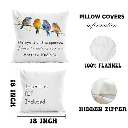 Christian Bird Pillow Cover 18x18, His Eye is on The Sparrow Matthew 10:29-31 Bible Verse Religious Decorative Throw Pillow Covers Cases for Church Prayer Room Home Living Room