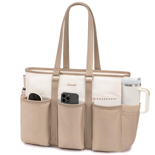 LOVEVOOK 17.3 Inch Laptop Bag for Women, Teacher Nurse Work Tote Bag With Large Cup Holder, Utility Bag For Work/Travel/College/Daily, Professional Computer Purse Large Handbag With Multi Pocket - color: Khaki-beige, size: 17.3 Inch