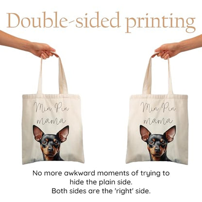 Dog Mom Canvas Tote Bag for Women, Reusable Cotton Shoulder Bag, Dog Lover Gift, Mother’s Day Pet Mom Shopping Tote - color: Min Pin
