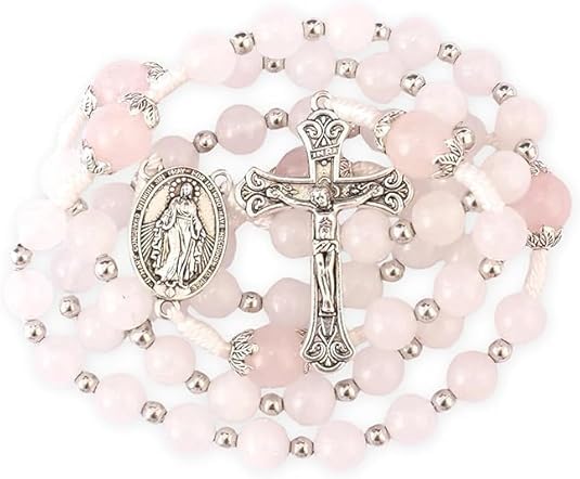 Nazareth Store 8mm White Jade & 10mm Natural Stone Beads Rosary Necklace St. Miraculous Medal & Cross Crucifix Catholic Prayer Beads Religious Jewelry - color: Pink Quartz