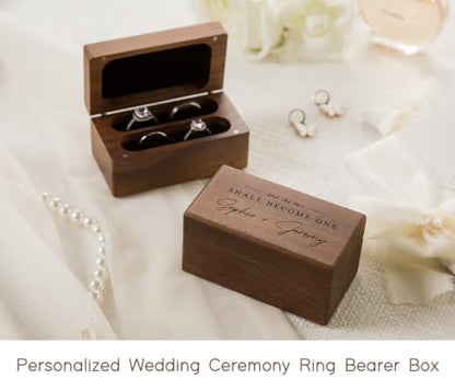 MUUJEE Custom Name Wedding Ring Box - Quad Slot Walnut Wood Ring Holder - color: Custom Two Become One