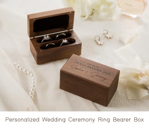 MUUJEE Custom Name Wedding Ring Box - Quad Slot Walnut Wood Ring Holder - color: Custom Two Become One
