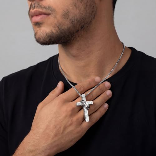 Cross Necklace for Men,Stainless Steel Ring Pendant Necklaces - color: silver, style: 19:26 with ring
