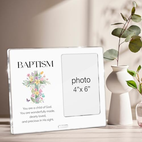 Baptism Picture Frame Baptism Gifts for Girl Boys Godchild Baby Shower, Religious Christening Gifts Baptismal Acrylic Photo Frames 4 x 6 Inches Photo - color: Baptism- E
