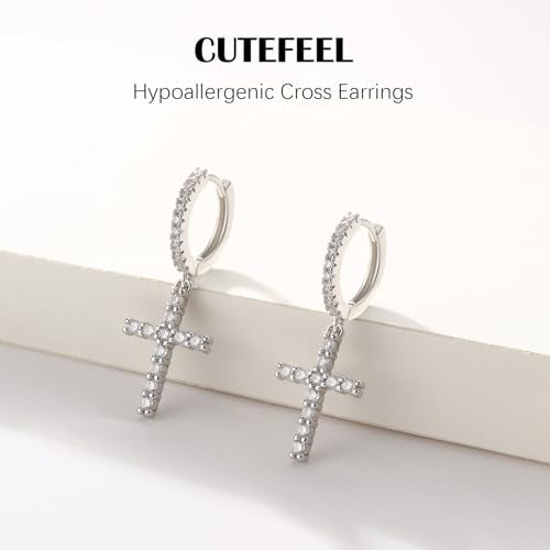 14K Gold Plated Cross Earrings for Women Men, CZ Cross Dangle Earrings Hypoallergenic Jewelry Gift - color: Silver