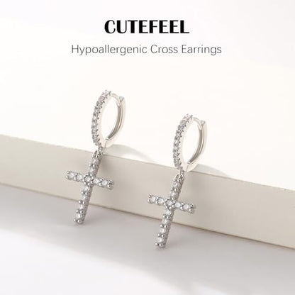 14K Gold Plated Cross Earrings for Women Men, CZ Cross Dangle Earrings Hypoallergenic Jewelry Gift - color: Silver