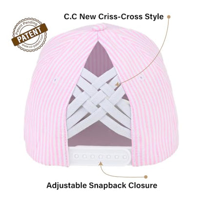 C.C Women's Criss-Cross Ponytail Trucker Hat - Snapback, One Size - color: Cotton Stripe-pink