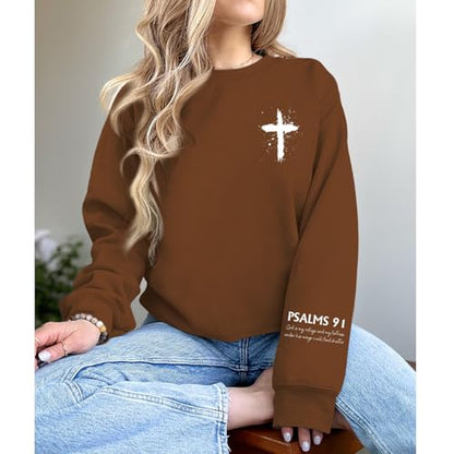 Women Christian Sweatshirt Psalms 91 Jesus Hoodie Religious Faith God Shirt Bible Verse Inspirational Pullover Tops - color: Brown, size: Small