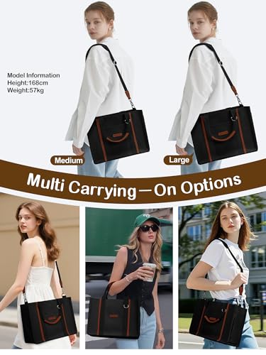 BESBESME Women’s Canvas Tote Bag with Zipper and Compartments – Multi-Pocket Laptop Work Crossbody Shoulder Tote Purse - color: Black, size: Medium, style: Built-in Organizer