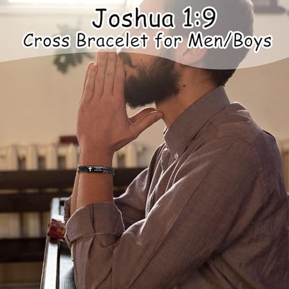 Christian Gifts for Mens Jewelry Black Double Layer Leather Cross Bible Verse Bracelets for Men, Teen Boys Religious Baptism Confirmation Gifts for Son Grandson Brother Teenages Gift Ideas - color: Joshua 1:9(9 Inch)