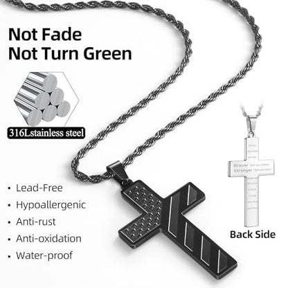 Romass 2Pcs Cross Necklace for Men Boys, Bible Verse Stainless Steel Silver Black American Flag Chains for Men Pendant Jewelry Box - style: Philippians 4:13