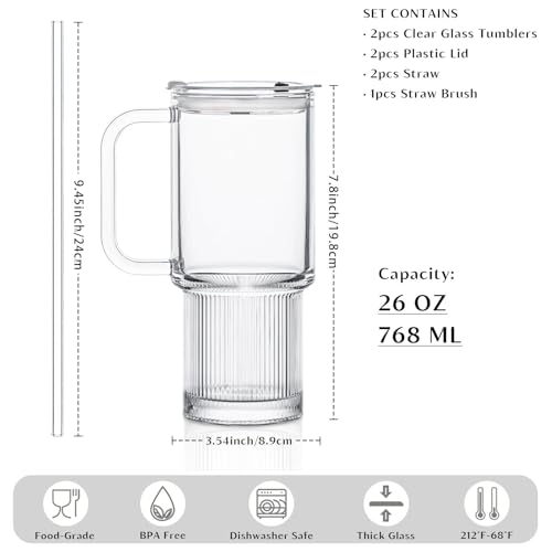 INSETLAN 24oz Glass Tumbler with Handle & Lid – 2-Pack Large Iced Coffee Cups with Straws, Modern Glass Mug for Cold & Hot Beverages, Aesthetic Glass Cups for Smoothies, Tea, and Juice - color: Clear