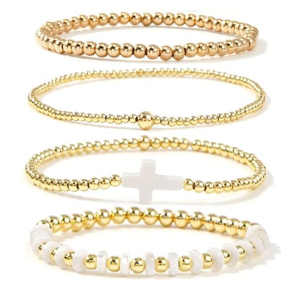 Gold Beaded Bracelets Stack for Women Stackable 14K Gold Plated Beads Ball Cross Bracelet Boho Christian Jewelry Faith Friendship Birthday Gifts for Women - color: 4pcs-White Cross