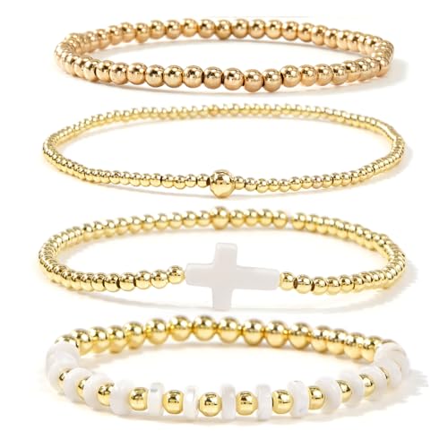 Gold Beaded Bracelets Stack for Women Stackable 14K Gold Plated Beads Ball Cross Bracelet Boho Christian Jewelry Faith Friendship Birthday Gifts for Women - color: 4pcs-White Cross