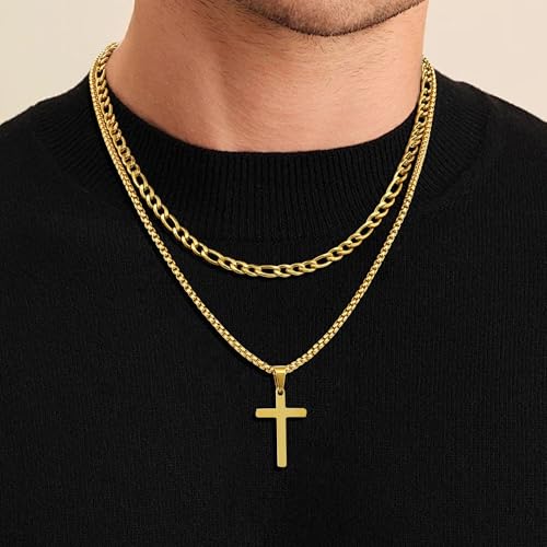 Fiusem 2 Pcs Cross Necklace Chain for Men, Stainless Steel Pendant - color: Gold, size: 20/22 Inches