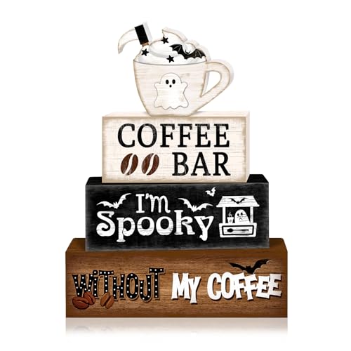 Britimes Ghost Halloween Tiered Tray Decor Set, 4 Pack, Wooden Table Sign - style: Ghost Coffee Cup