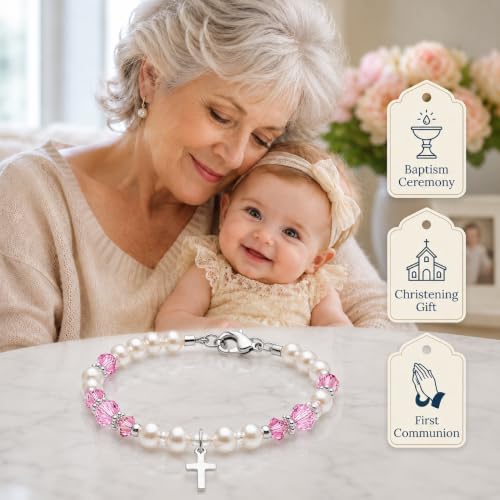Baptism Bracelets | Cross Charm | Baby Pink Crystal & White Pearl Bracelet - style: 0 - 24 Months - 4.5" Adjustable