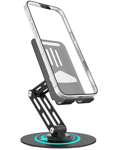 360° Rotating Cell Phone Stand for Desk, Adjustable Foldable Aluminum Phone Holder with Anti-Slip Base, Sturdy Desktop Stand Compatible with iPhone, iPad, Android Phones – Black - color: Black
