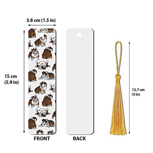 WIRESTER Set of 2 Metal Bookmarks with Light Gold Tassel for Students, Reader, Teachers, Book Lovers - Brindle Brown English Bulldog Playful Postures, White English Bulldog Funny Playful Postures - color: Brown, White English Bulldog Playful Postures