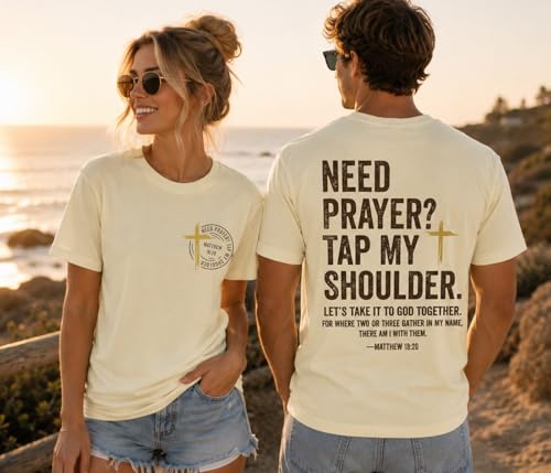 Christian Shirts for Men Women Need Prayer Tap My Shoulder Shirt Christian Religious Faith Bible Verse Cross Shirt - color: Creamy Yellow, size: Medium