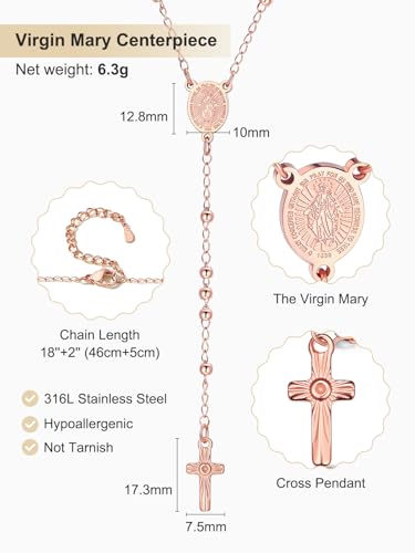 Supcare Rosary for Men Women Catholic Necklace Rosary Beads Customized - color: C03-Mini Virgin Mary Rose Gold with Case