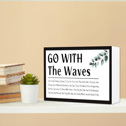 Go With the Waves Inspirational Wood Box Sign,Motivational Quote Wooden Block Sign Desk Decor for Home Office Bedroom Shelf Tabletop Decor - style: Go With the Waves