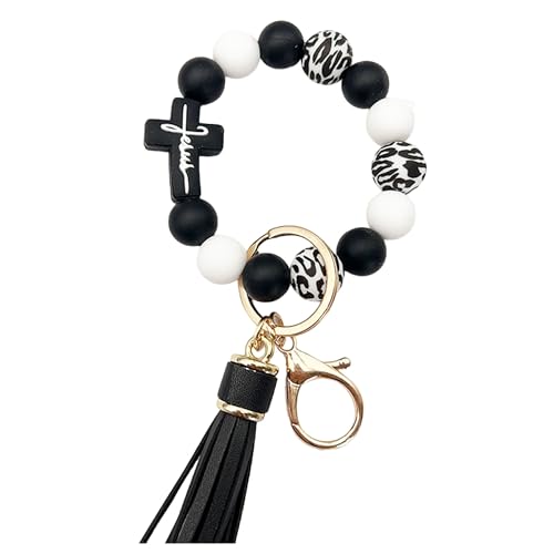 Silicone Beaded Jesus Cross Wristlet Keychain Leather Tassel,Key Ring Wrist Bangle,Key Chains Bracelet Women - color: Black Cross