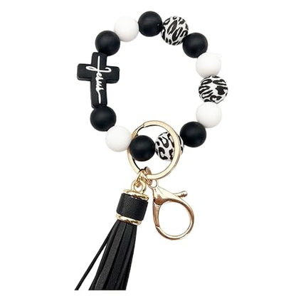 Silicone Beaded Jesus Cross Wristlet Keychain Leather Tassel,Key Ring Wrist Bangle,Key Chains Bracelet Women - color: Black Cross