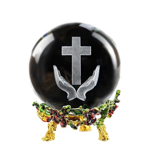 3D Cross Crystal Ball Religious Gift with Stand Christian Decor 2.3in - style: Praying Hands and Cross