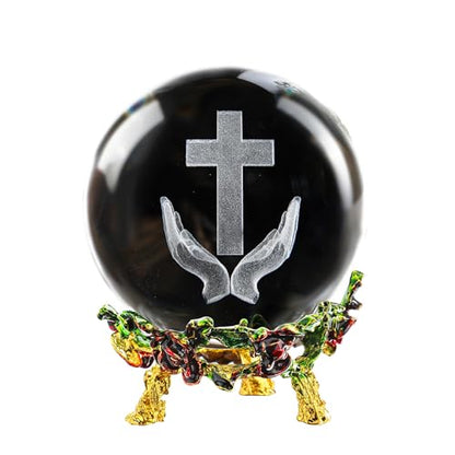 3D Cross Crystal Ball Religious Gift with Stand Christian Decor 2.3in - style: Praying Hands and Cross